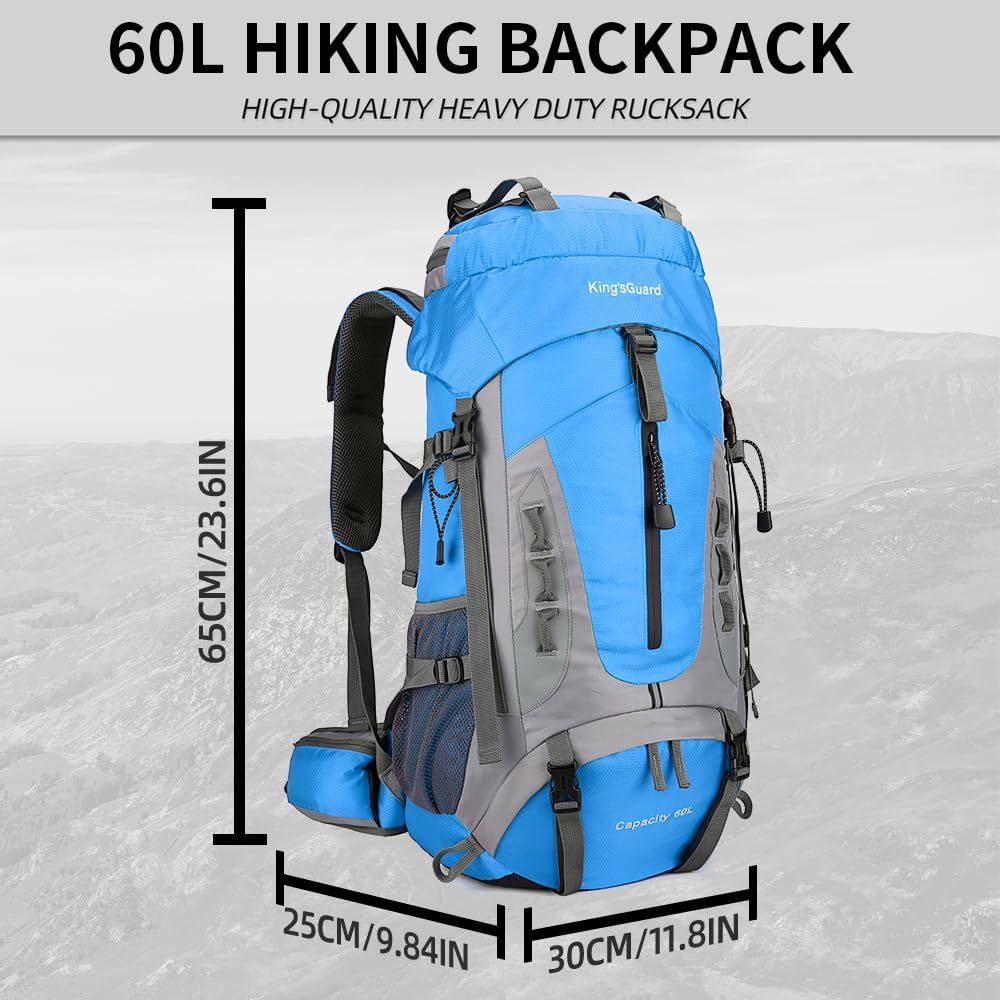 King'sGuard 60L Hiking Backpack Lightweight Camping Backpack with Rain Cover Large Waterproof Packable Outdoor Trekking Travel Backpack for Men Women (Blue)