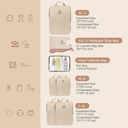 Lightweight Compression Packing Cubes for Suitcases, Compressible Expandable Travel Packing Organizer with Clear Toiletries and Backpack Bag, Travel Essentials for Carry on Luggage 7 Set
