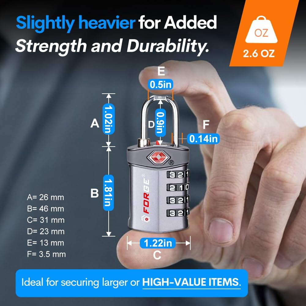 Forge 4-Digit Combination Lock, TSA Approved Locks for Luggage, Travel, Gym, School, Suitcase, Backpack, Pelican case, Easy Read dials, Zinc Alloy Body.