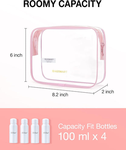 BAGSMART Clear Toiletry Bag, 3 Packs TSA Approved Water-resistant Quart Size Travel Organizer, Airport Airline Travel Essential Carry-On Makeup Cosmetic Bags for Women, Pink