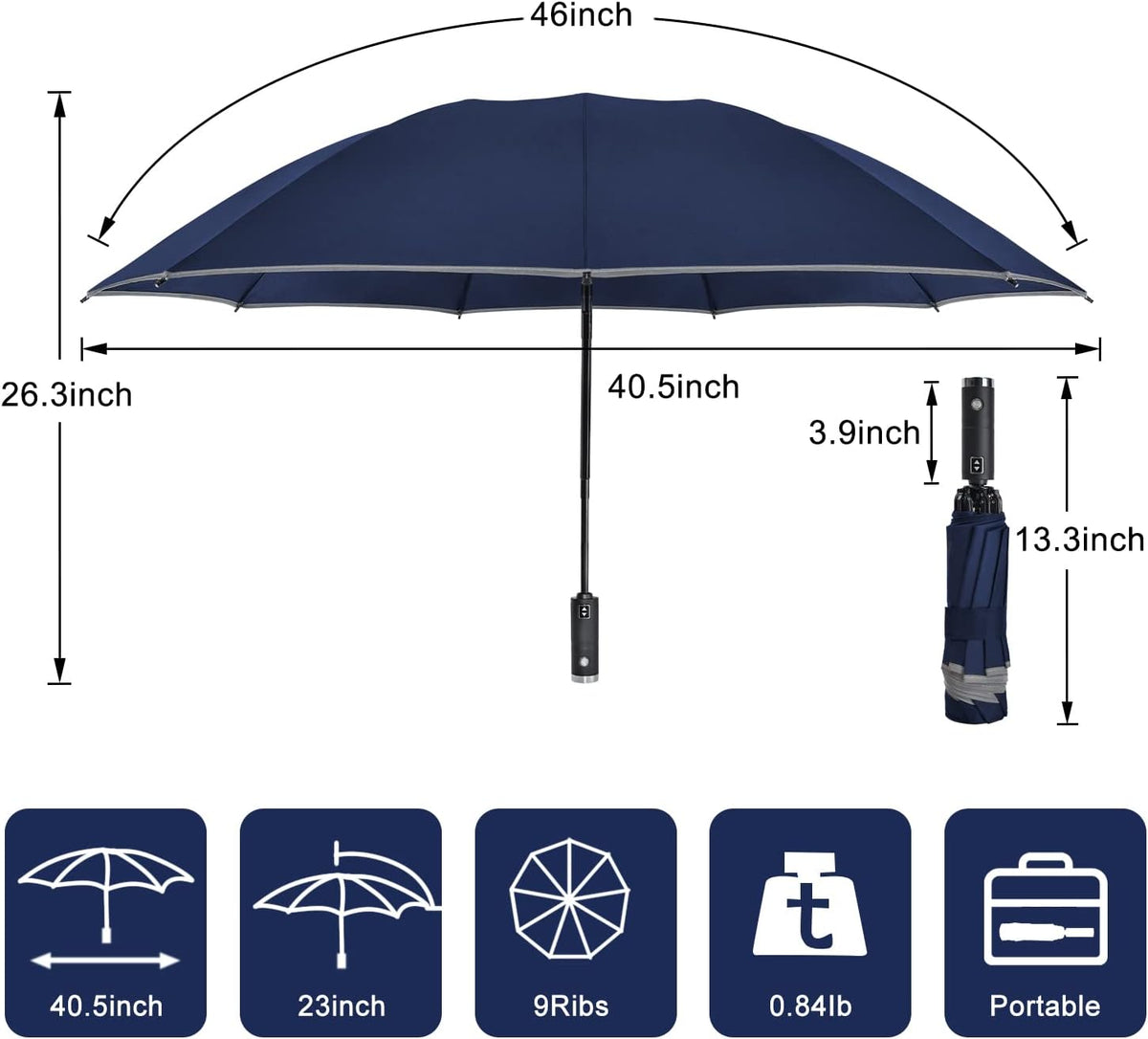 Lejorain Compact Inverted Reflective Umbrella - Automatic Folding Reverse LED Umbrella Travel Windproof Umbrellas for Rain