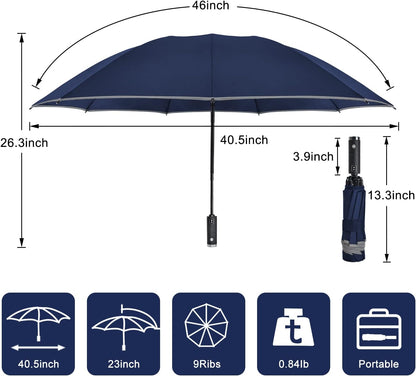 Lejorain Compact Inverted Reflective Umbrella - Automatic Folding Reverse LED Umbrella Travel Windproof Umbrellas for Rain
