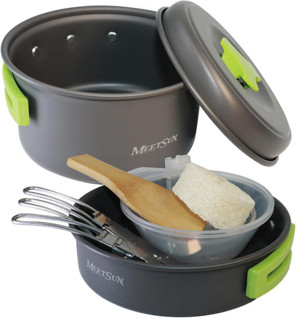 MEETSUN Lightweight Backpacking Cookware Set, Aluminum Camp Cooking Set with 1L Pot,Camping Mess Kit for 1 with Folding Tableware Perfect for Backpacking Stove Kit,Outdoor,Hiking,Survival,Emergency.