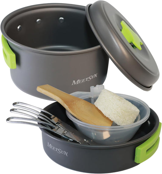MEETSUN Lightweight Backpacking Cookware Set, Aluminum Camp Cooking Set with 1L Pot,Camping Mess Kit for 1 with Folding Tableware Perfect for Backpacking Stove Kit,Outdoor,Hiking,Survival,Emergency.