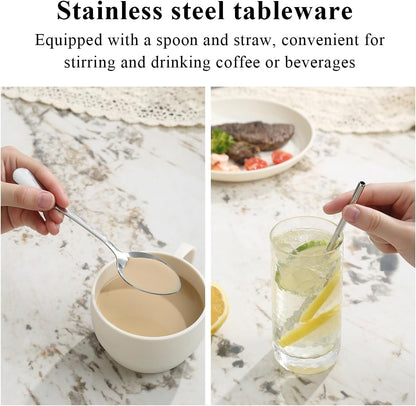 Camping Essentials Set, HOMQUEN Camping Plates and Bowls Set, Coffee Mug, Travel Cutlery Set Include Spoon, Fork, Knife for Work, Outdoor,Picnic, Camp （White）