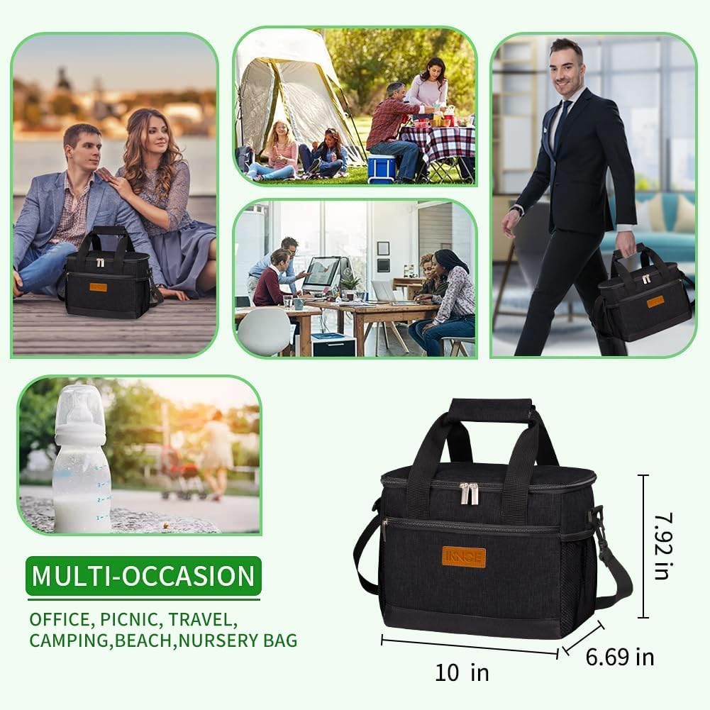 iknoe Insulated Lunch Bag, Foldable 8.5L Cooler Bag for Men & Women, Leakproof Thermal Design, Great for Office, Picnic, Travel, Lunch Box, Black