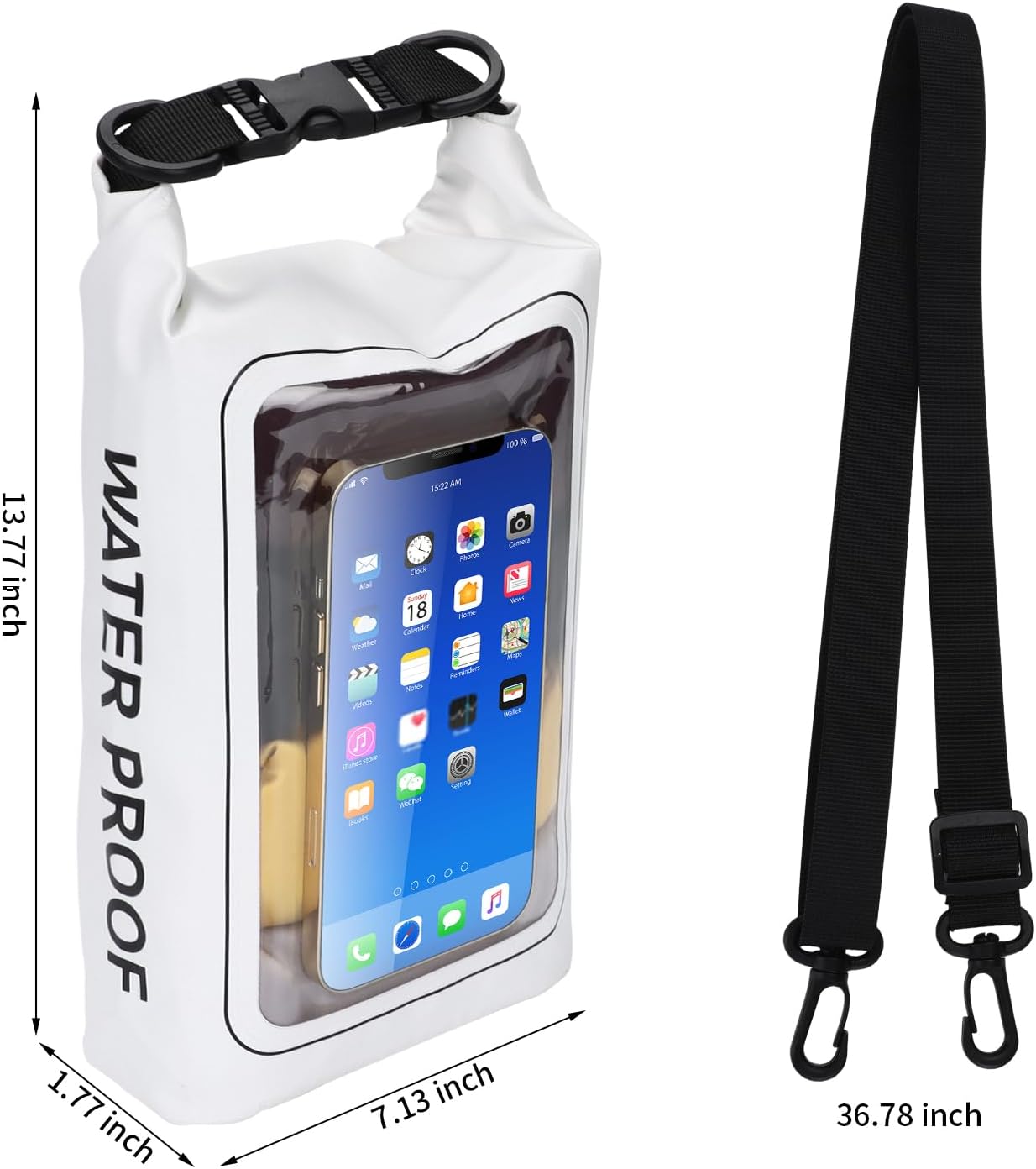 IP68 Waterproof Dry Bag, 2L - Roll Top Waterproof Pool Bag，Dry Bags for Kayaking Waterproof-w/Phone Pouch,Large Waterproof Phone Pouch,Boating & Kayak Accessories Camping (White)