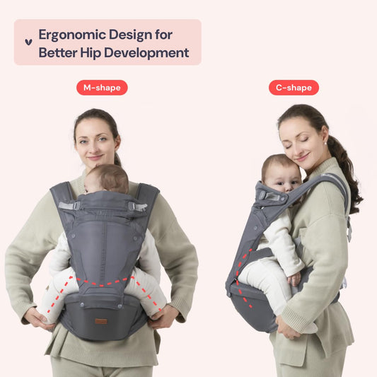 BabbleRoo Grow Carrier – 6-in-1 Baby Carrier with Hip Seat, Ergonomic, Cozy & Adjustable Toddler Carrier 7-50 lbs with Hip & Lumbar Support, Hood for Sun Protection, Newborn to Toddler, Gray