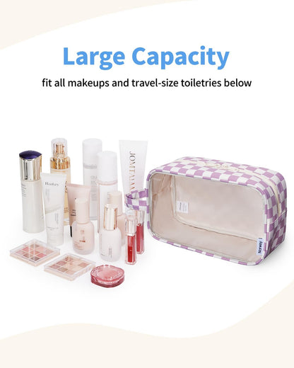 Narwey Clear Toiletry Bags for Traveling Women Men, Clear Travel Bags for Toiletries Makeup Bag Cosmetic Bag with Zipper, Make Up Organizer, Skincare Bag (Purple Checkerboard)