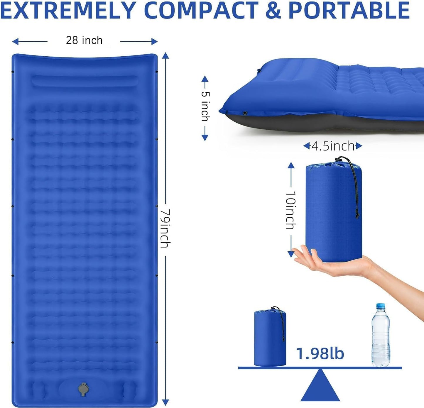 Camping Sleeping Pad 5 Inch, Inflatable Sleeping Pad with Pillow & Built-in Foot Pump - Extra Thick Air Mattress for Camping, Backpacking, Tent - Lightweight Compact Floor Bed (Blue Grey)