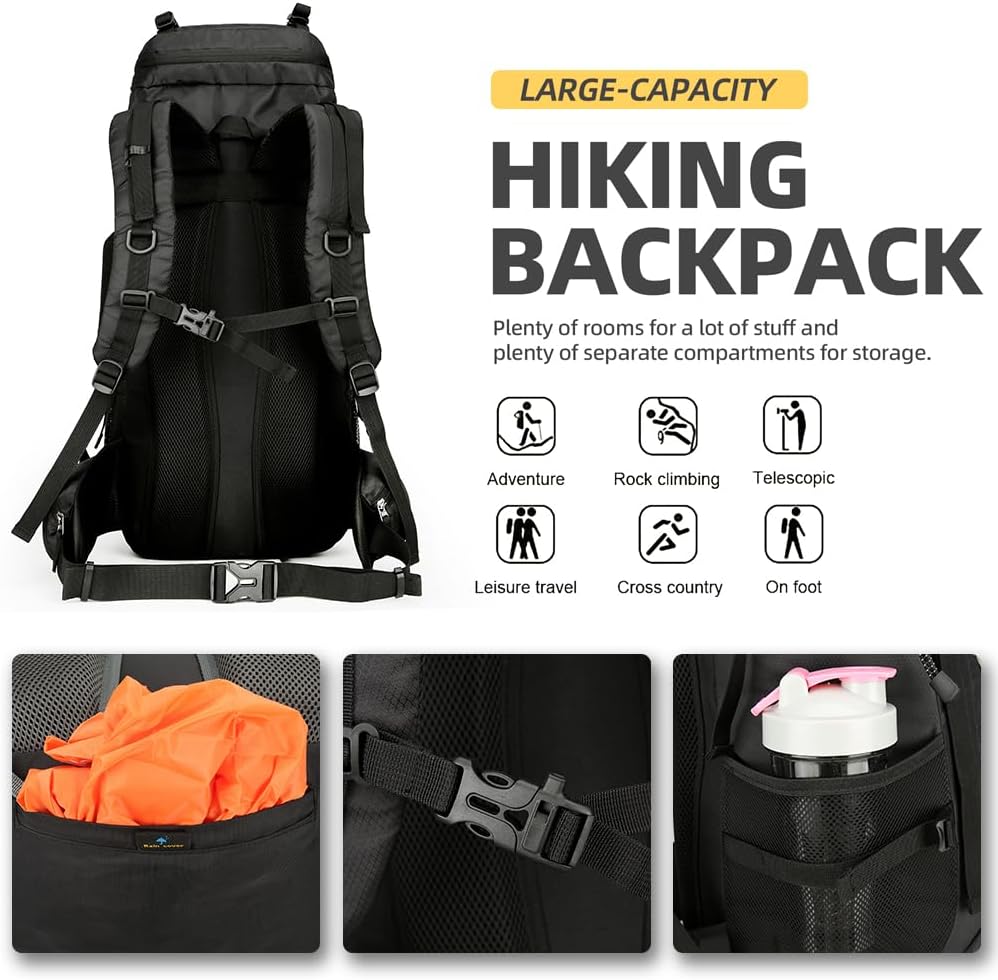 King'sGuard 60L Hiking Backpack Lightweight Camping Backpack with Rain Cover Large Waterproof Packable Outdoor Trekking Travel Backpack for Men Women (Black)