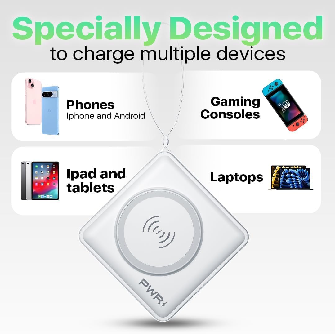 PWR Travel PRO 5-in-1 Power Bank with Case Included – 10,000mAh with Built-in Cables – 20W USB-C + 15W Wireless Charging – Compact Portable Charger for iPhone & Android - White