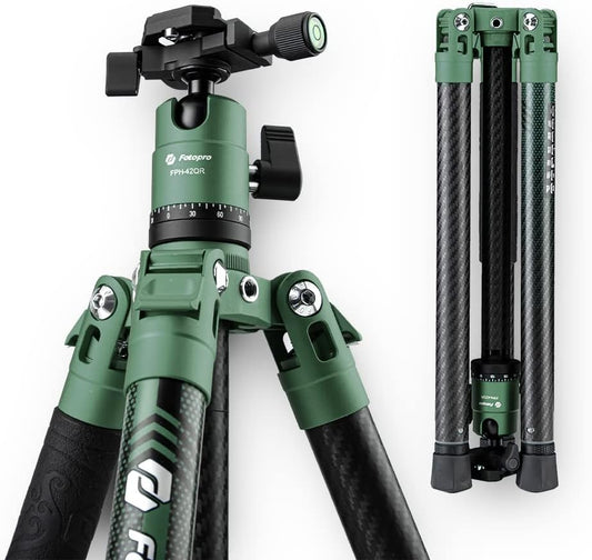 Fotopro Carbon Fiber Tripod 60 Inch 360 Degree Ball Head Quick Release Plate Lightweight Camera Tripod for Travel Tripod Folded Height Only 14.2",Max Loads up to 22lbs,Green
