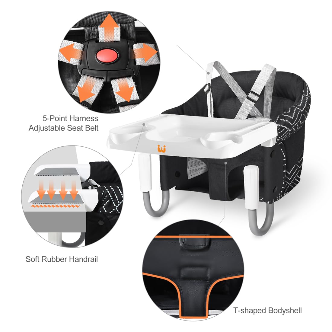 MTWML Hook On High Chair with Tray,Portable Baby High Chair That Attaches to Table,Clip On Fast Table Seat for Babies and Toddlers.Baby Feeding Seat for Dining Tables and Counter(Stripe-Black)