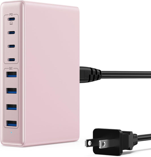 200W USB C Charger Block,GaN IV Charging Station 8 Ports,QC4.0 Fast Charging Station Hub+PD 65W USB C Laptop Charger Adapter Compatible with MacBook Air/Pro,DELL,iPhone 16/15,iPad,Steam Deck-Pink