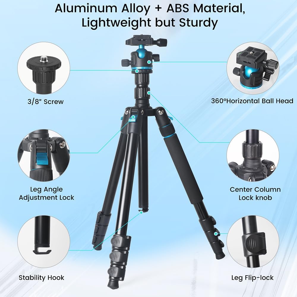 Camera Tripod, 68" / 174cm Lightweight Travel Monopod with 360°Ball Head Payload 15 lbs, Adjustable Height from 17" to 68" Professional Stand for DSLR Camera Shooting