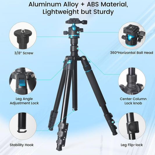 Camera Tripod, 68" / 174cm Lightweight Travel Monopod with 360°Ball Head Payload 15 lbs, Adjustable Height from 17" to 68" Professional Stand for DSLR Camera Shooting