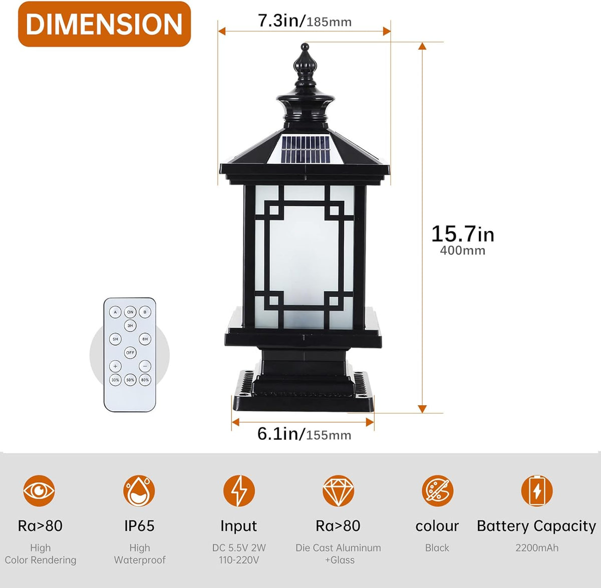 LED Solar Post Light Outdoor, Aluminum Fence Post Cap Lamp Remote Control Dimmable Pillar Lights Solar IP65 Waterproof Column Light, 15.7" X 7.3" Pillar Pedestal Lantern for Garden Yard