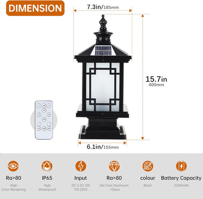 LED Solar Post Light Outdoor, Aluminum Fence Post Cap Lamp Remote Control Dimmable Pillar Lights Solar IP65 Waterproof Column Light, 15.7" X 7.3" Pillar Pedestal Lantern for Garden Yard