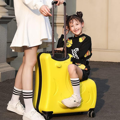 Hardside Ride on Kids Luggage with 4 Spinner Wheels for Girls and Boys, Rolling Childrens Travel Suitcase with Seat and Safety Belt for Toddler Ages 2-12 (Yellow, 25-Inch Checked)