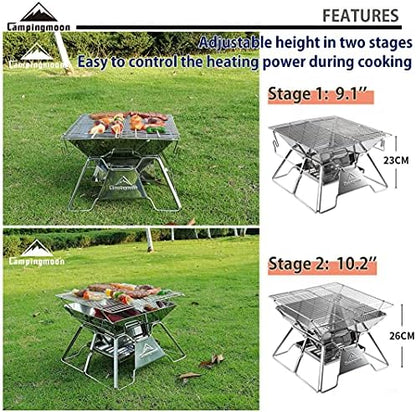 CAMPINGMOON Portable Fire Pit Grill 14 Inch Stainless Steel MT-2