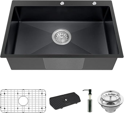 Black Kitchen Sink, Stainless Steel Drop In 33x22x9 Inch Single Bowl Topmount by Koardink