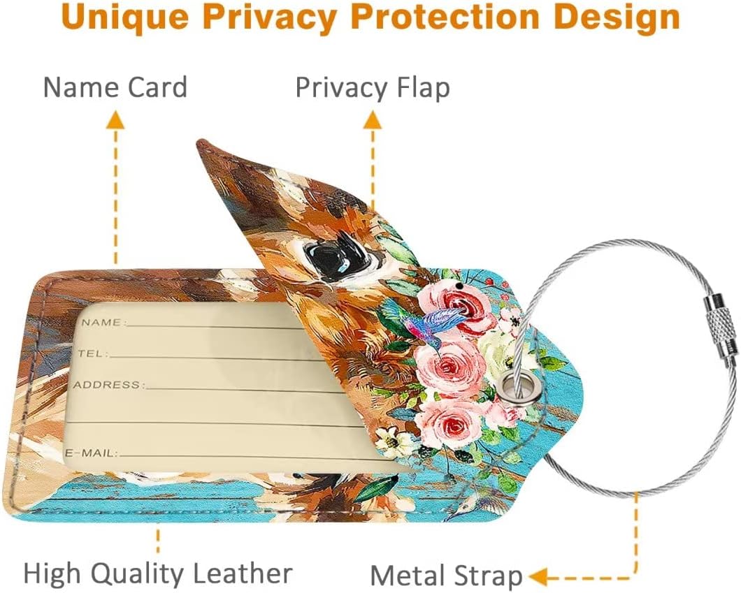 2 Pack Luggage Tag for Suitcase, Cute Unique Leather Bag Tags Identifiers Privacy Cover ID Label with Durable Steel Loop for Women Men Kids Girls Travel, Cattle