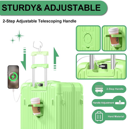 Krute Luggage with Spinner Double Wheels Suitcases with USB Port and Cup Holder TSA Lock PC+ABS Hardside Checked Luggage 28 Inch (AppleGreen
