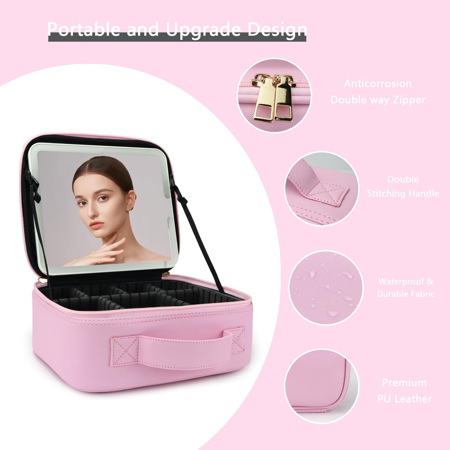 Makeup Bag with Led Mirror,Travel Makeup Organizer with 3 Color Setting & 10X Magnifying Mirror, Portable Storage and Adjustable Dividers Travel Makeup Bag-Light Pink