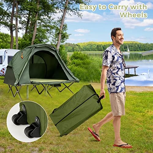 Tangkula 2-Person Tent Cot, 4-in-1 Folding Tent with Waterproof Rainfly, Self-Inflating Mattress & Roller Carrying Bag, Portable Off Ground Elevated Tent with Shoe Storage Pocket & Lamp Hook
