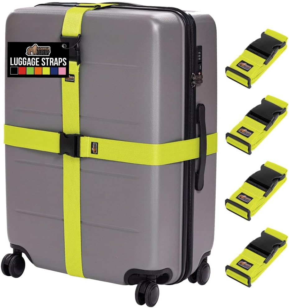 GORILLA GRIP Heavy Duty 4 Pack Adjustable Luggage Straps for Suitcases, Easy to Identify Travel Belt Connector Holds Suitcase Together, Extends Life of Bag, Strap Connects Two Bags, Accessories Yellow