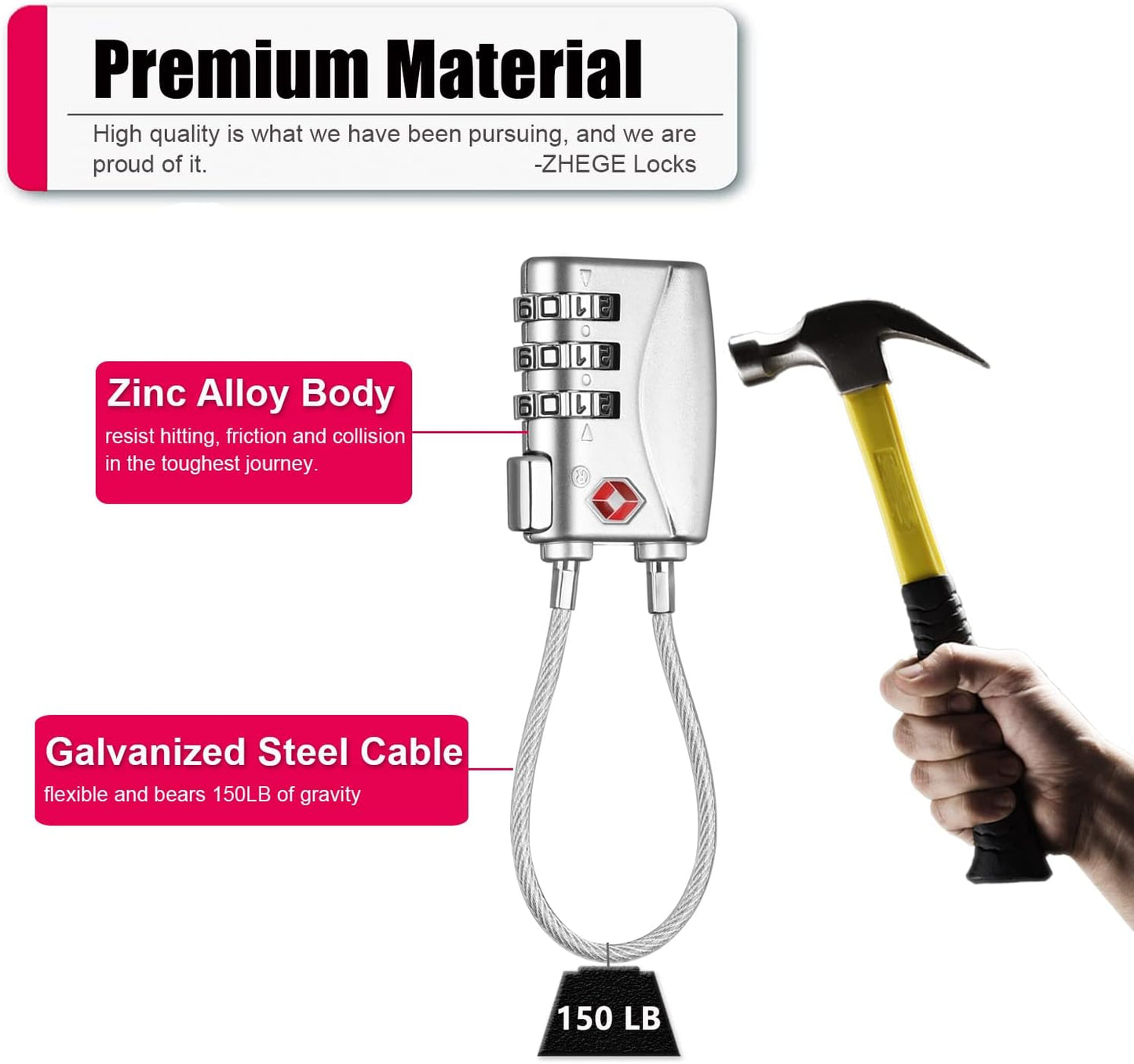 ZHEGE TSA Wire Lock 2 Pack Cable Luggage Lock with Alloy Body for Suitcase, Baggage, Backpack, Pistol Case (Silver)