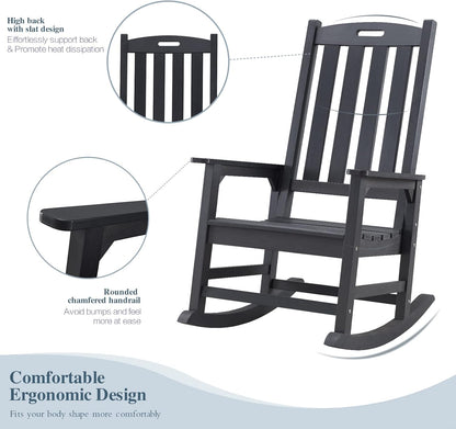 Psilvam Oversized Outdoor Rocking Chair Set of 2, Porch Rocker with 21" Wide Seat and 32" Tall Backrest, Pre-Assembled with Most Components for Effortless Installation (Carbon Black)