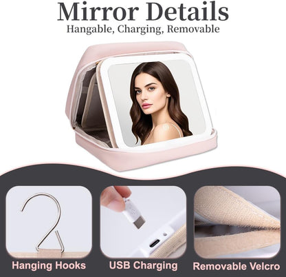 Glint&Glide Travel Makeup Bag with LED Lighted Detachable Mirror, Tri-light Dimmable - Hanging Multi-Compartment Organizer for Women, Portable Cosmetic Case with Four Divided Storage, Pink
