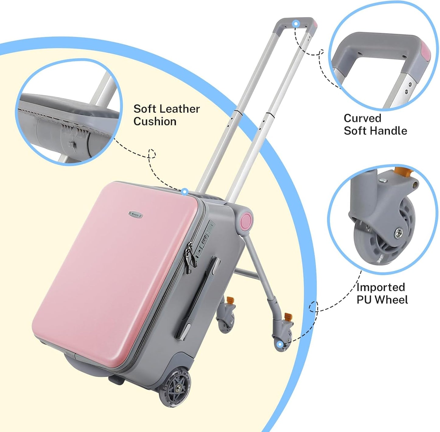 FAHKNS Children's Ride-On Suitcase,Kids Carry on Luggage with Wheels,Rolling Travel Luggage With Kids Seat for Airplane，2-in-1 Case & Baby Stroller,Pink