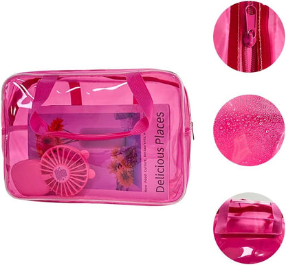Travel Clear Waterproof PVC Bag, Toiletry Carry Pouch Makeup Artist Bag, Makeup Bags with Zipper Handle Straps, Tote Bag Pink