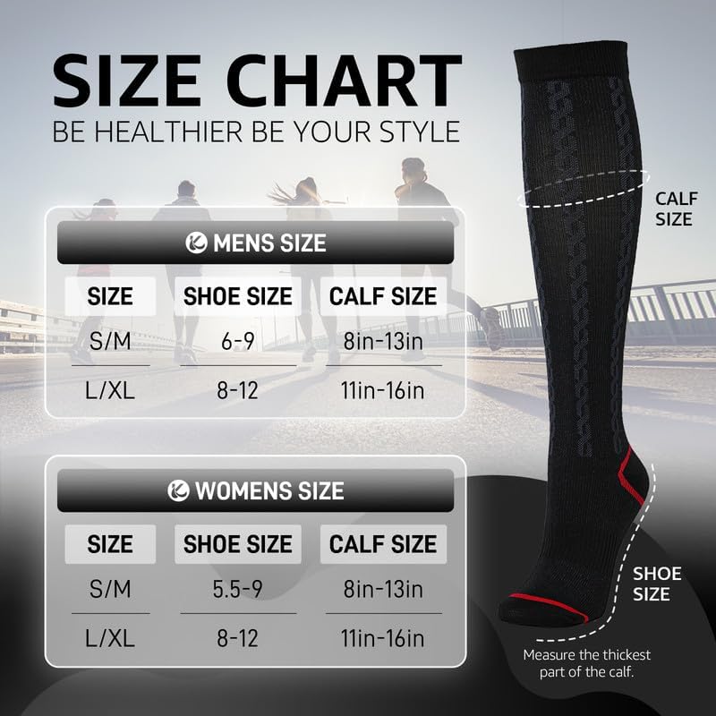 Kickticks 4 Pairs Compression Socks for Woman & Man Unisex 20-30mmHg Knee high Plus Size Wide Calves for Flying Running…