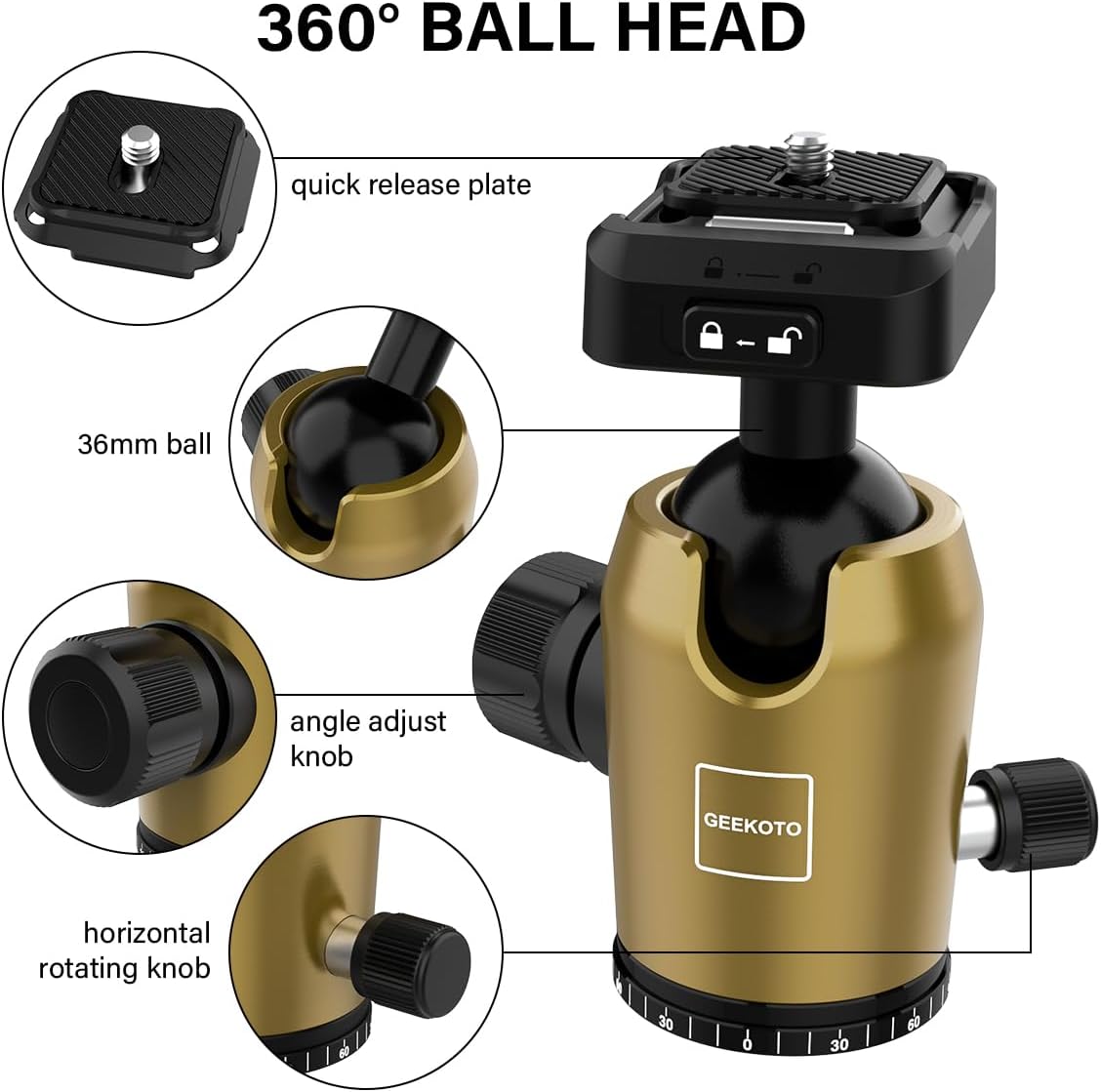 Geekoto 73-Inch Camera Tripod - Lightweight DSLR Tripod with 360° Ball Head & Quick Release Plate, Supports Up to 33.07 lbs, Portable for Travel & Outdoor Photography