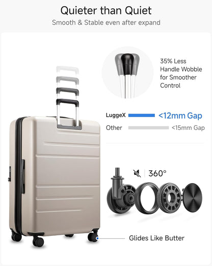 LUGGEX Checked Suitcase Top Opening, FLT Expandable Polycarbonate Hard Shell Suitcase with Wheels (FLO-Lite, Beige, 28 Inch, 105L-115L)