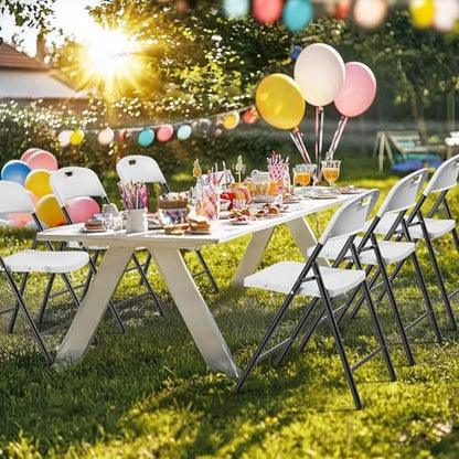 Bonnlo 4-Pack White Plastic Folding Chairs, Portable Seat with Sturdy Steel Frame for Indoor & Outdoor Use, Perfect for Banquet, Party, Wedding, Office, and Camping