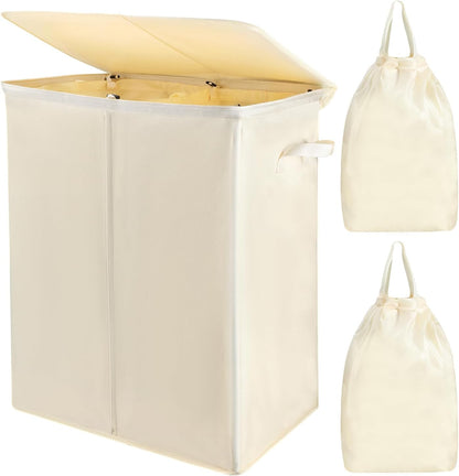 Voova 154L Double Laundry Hamper with Lid and 2 Removable Laundry Bags, Large Collapsible 2 Dividers Dirty Clothes Basket with Handles for Laundry Room, Bedroom, Bathroom, College Dorm, Beige