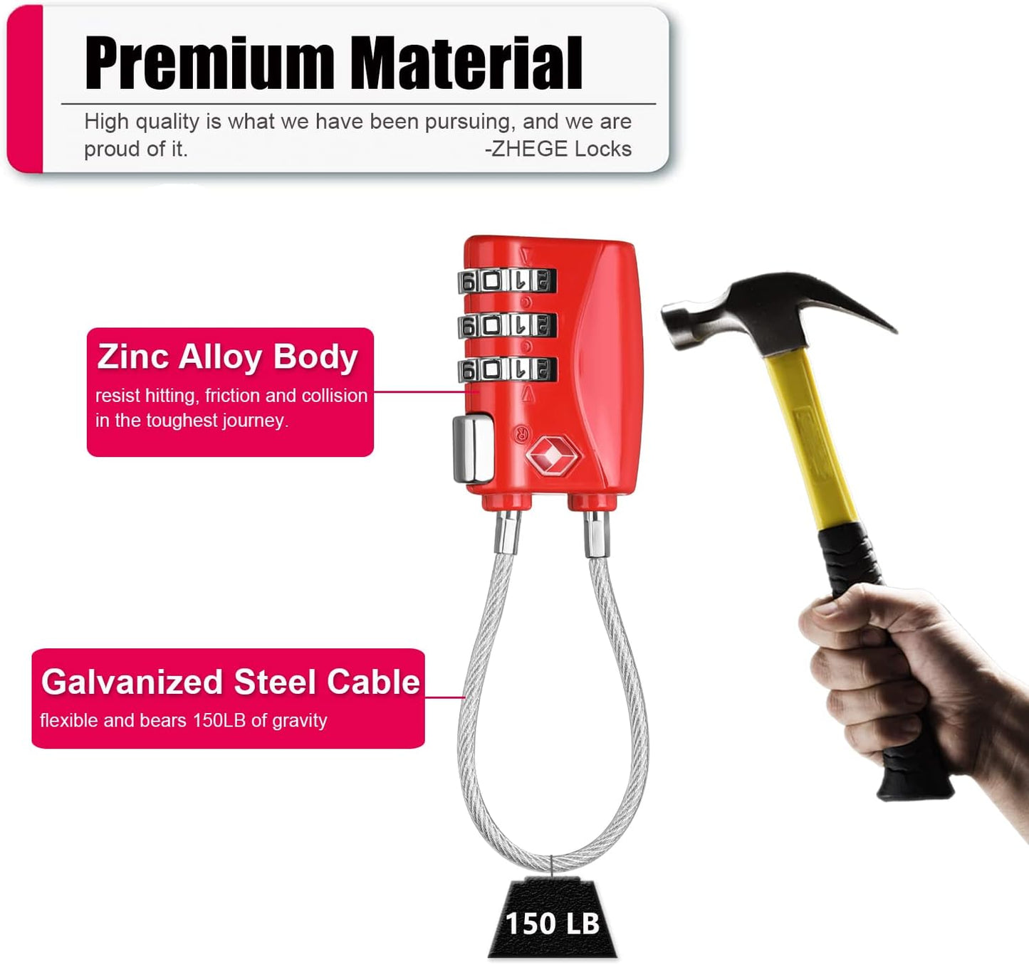 ZHEGE TSA Locks for Luggage 3 Digit Cable Padlock with Alloy Body for Suitcase, Baggage, Backpack, Pistol Case (2 Pack, Red)