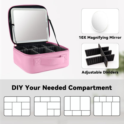 Travel Makeup Bag with LED Mirror and 10x magnifying glass with 3 Lighted Settings, Adjustable Dividers and Makeup Brush Storage Bag Dark Pink