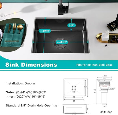 24x18 Inch Undermount Kitchen Sink Nano Black, 18 Gauge Stainless Steel Single - Image 3