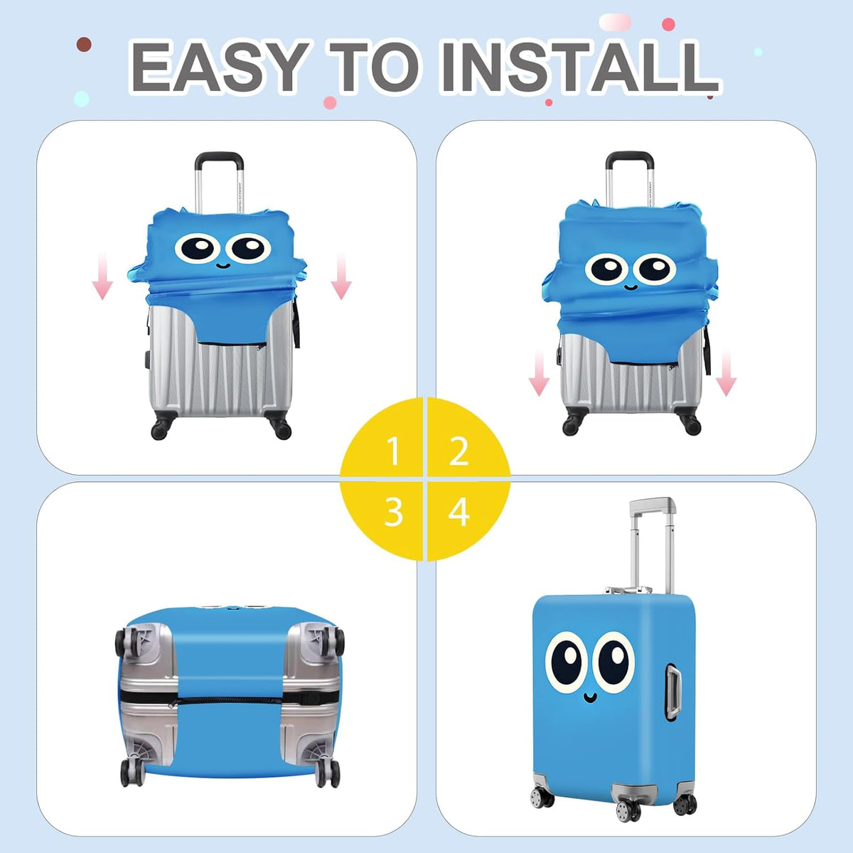 ANNA QUEEN Cute Smiley Face Luggage Cover, Blue Cartoon Suitcase Protector with Big Eyes Design, Stretchable, Washable Travel Cover for 28-30 Inch Luggage