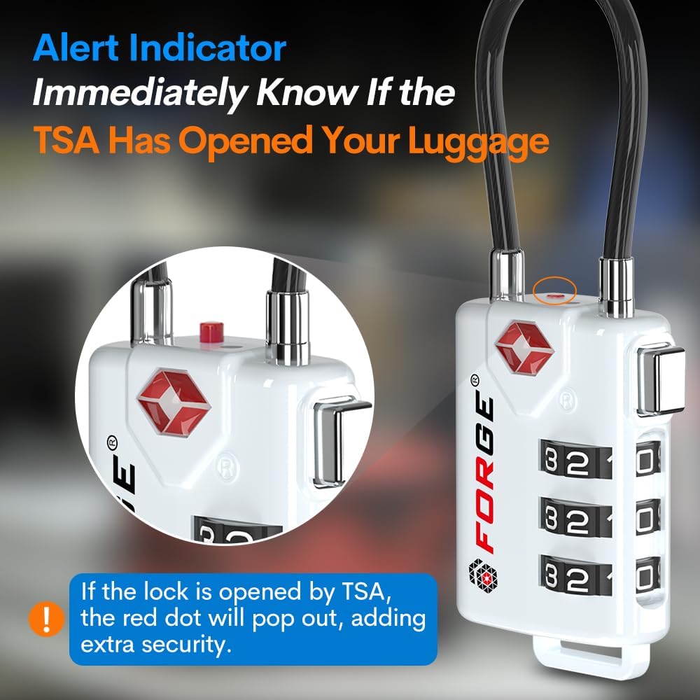 TSA Approved Cable Luggage Locks, Re-settable Combination with Alloy Body (White 4 Locks)