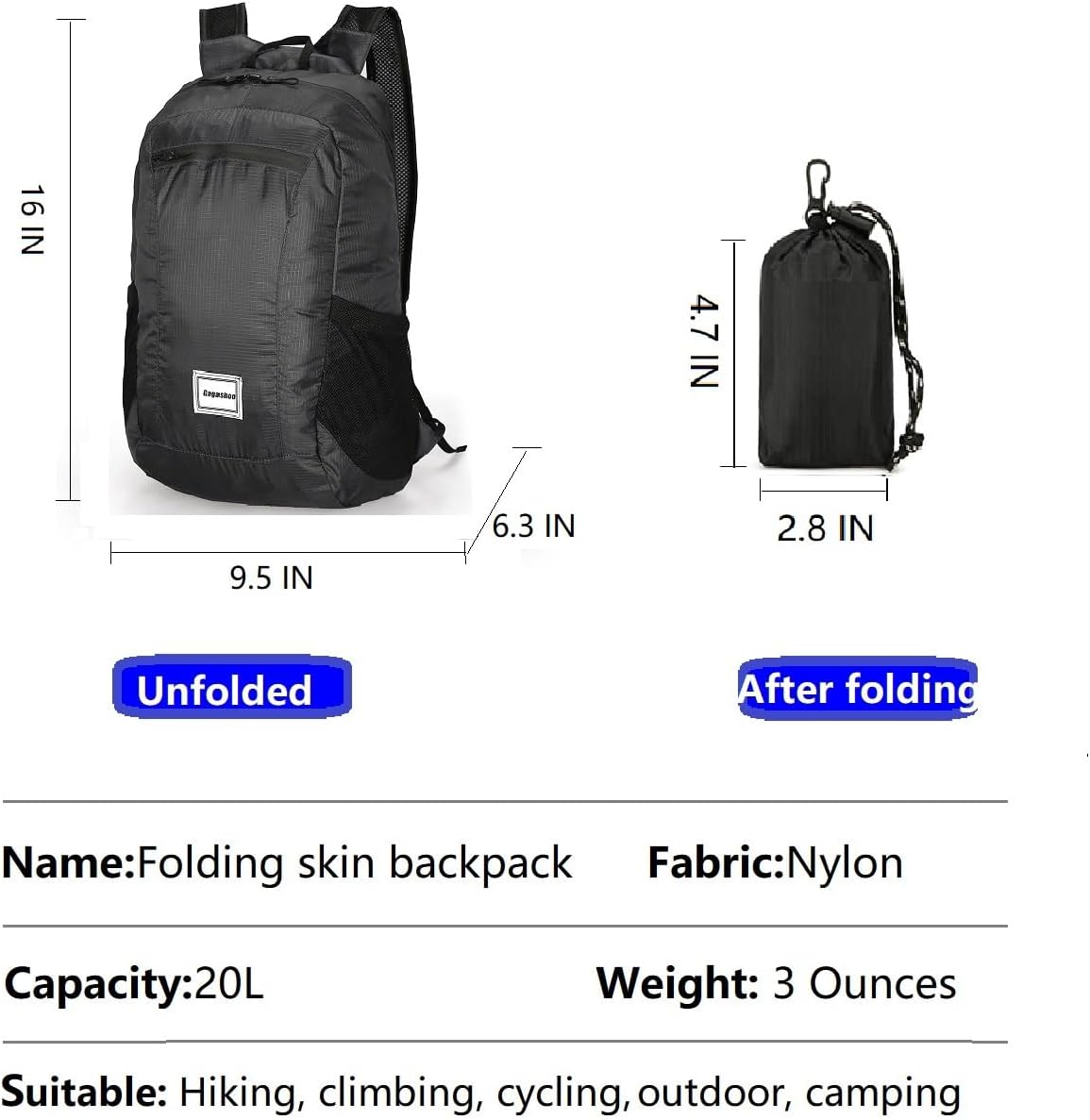 Small Foldable Hiking Daypack Packble Skin Casual Backpack Camping Cycling Travel Outdoor Day Bags Useful (Black)