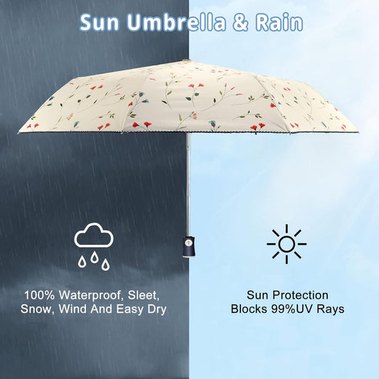 Cuby UV Sun Umbrella Compact Folding Travel Umbrella Auto Open and Close for Windproof, Rainproof & 99.9% UV Protection Parasol with Black Anti-UV Coating (Flowers)