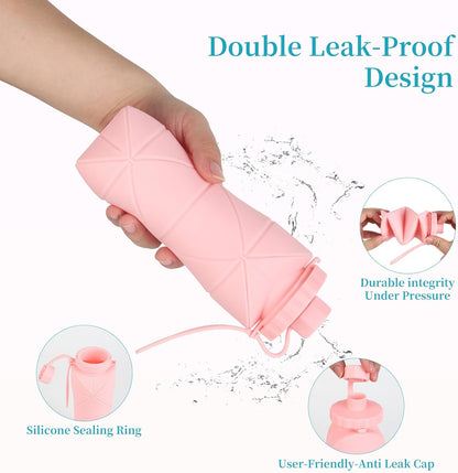 Silicone Collapsible Water Bottles,Lightweight Reusable Leakproof For Traveling Camping Hiking Cycling Sports Outdoor,Foldable Portable Travel Water Bottle 600ML Dark Blue And Pink 2Pack.