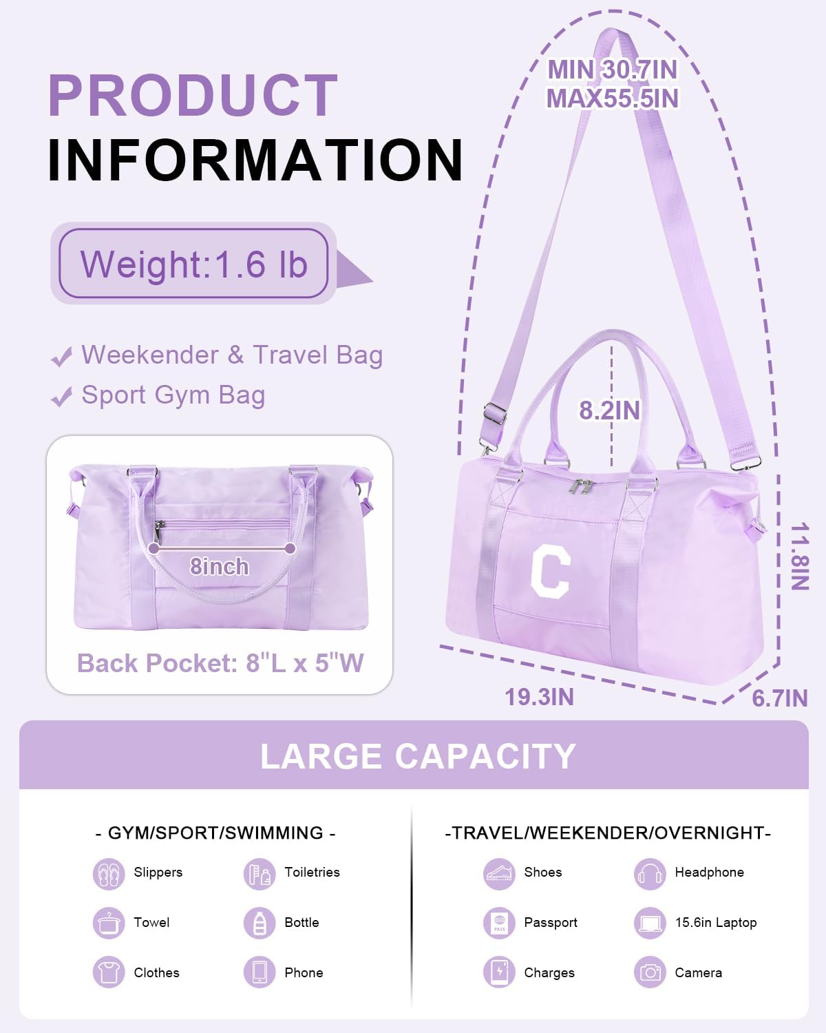 Daughter Niece Gifts for Teen Girl Kids, Initial Travel Duffel Bag Sports Gym Bag Personalized Gifts Weekender Bag，Monogram Overnight Bag Cute Dance Bag Birthday Bridesmaid Gifts for Women(Purple, C)